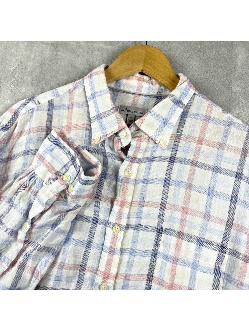 Peter Millar Men’s Large 100% Linen Plaid Button-Down Shirt Pastel Check Preppy